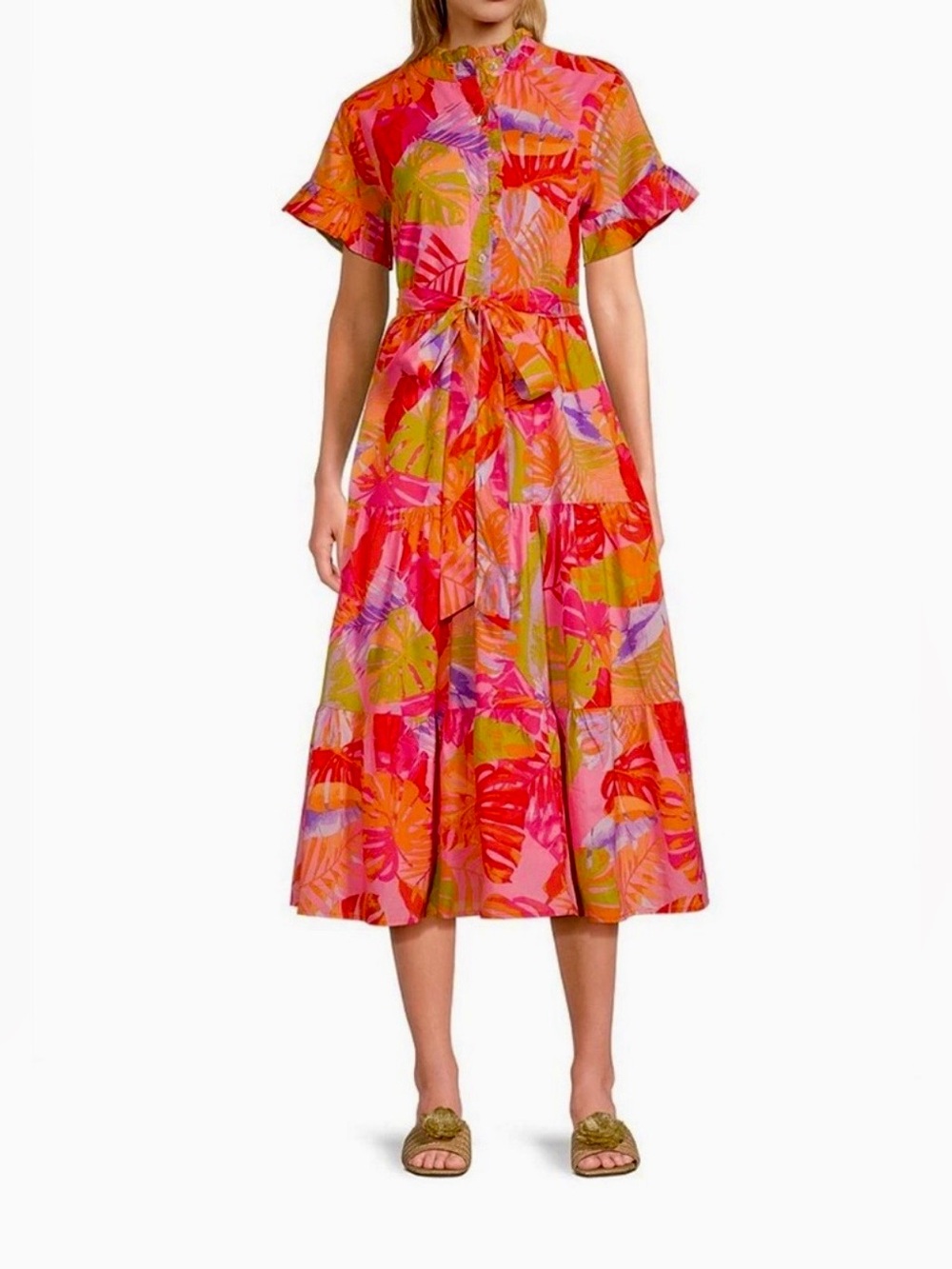 J.Marie $172 Eden Printed Ruffle High Neck Tie Waist A-Line Midi Dress medium - Picture 2 of 11